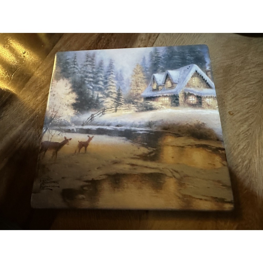 Thomas Kinkade Deer Creek Cottage Ceramic Hot Plate Holder Trivet Winter Scene